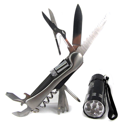 13 Function Handy Pocket Knife w/ 9 LED flashlight- Batteries Included!